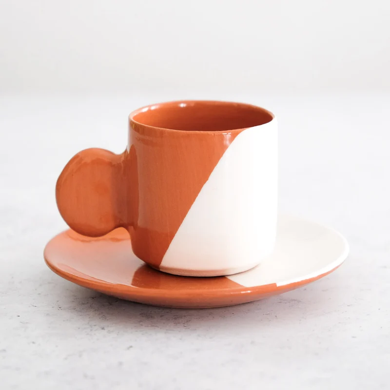 Taza de espresso y platillo - Terracota y blanco