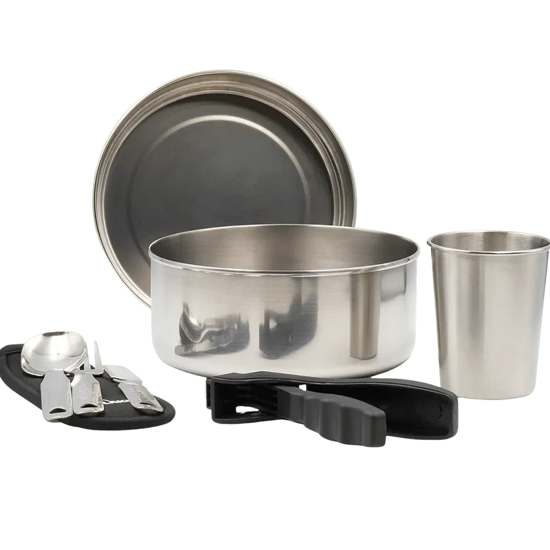 Set de Camping de Acero Inoxidable – Cazo, Tapa, Mango, Cubiertos y Vaso