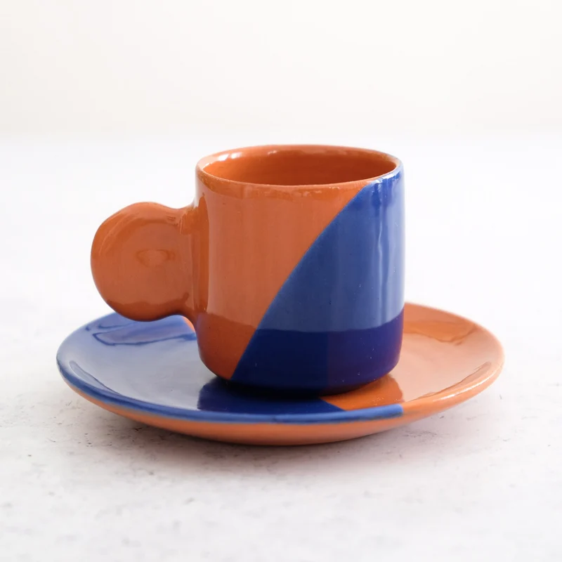 Taza y platillo de espresso - Terracota y azul