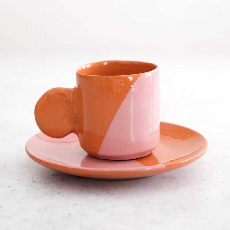 Taza de espresso y platillo - Terracota y rosa