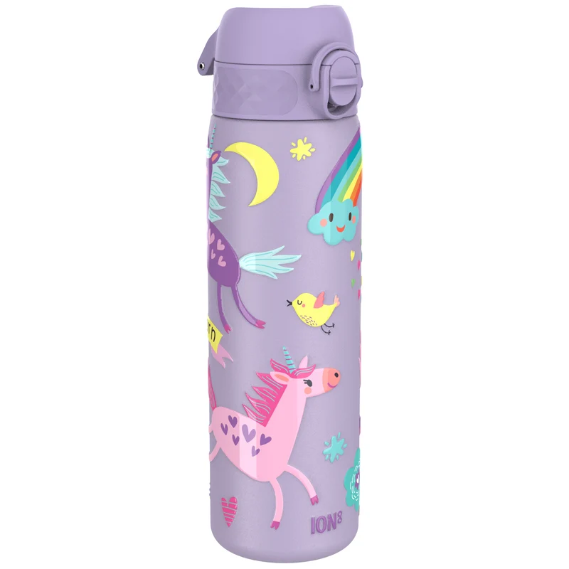 Leak Proof Slim Thermal Water Bottle, Insulated Steel, Purple Unicorns, 500ml (17oz)
