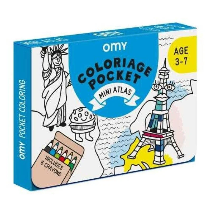 Pocket OMY Atlas para colorear + 6 lápices colores
