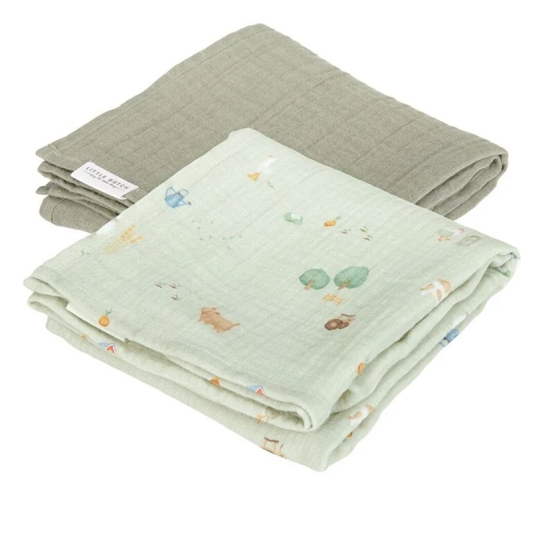 Muselina Algodón Orgánico Little Farm/oliva 70x70 · Little Dutch