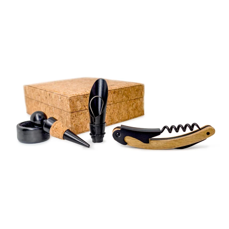 Set de accesorios para vino en caja de corcho natural