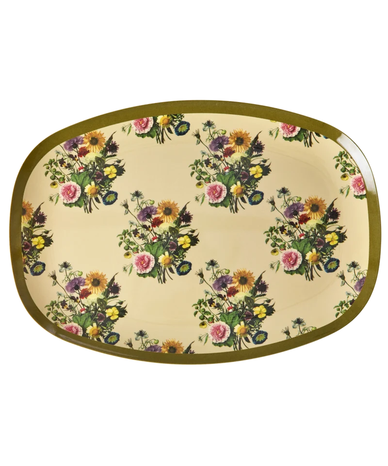 Stor Rektangulær Middagstallerken - Creme - Retro Bouquet