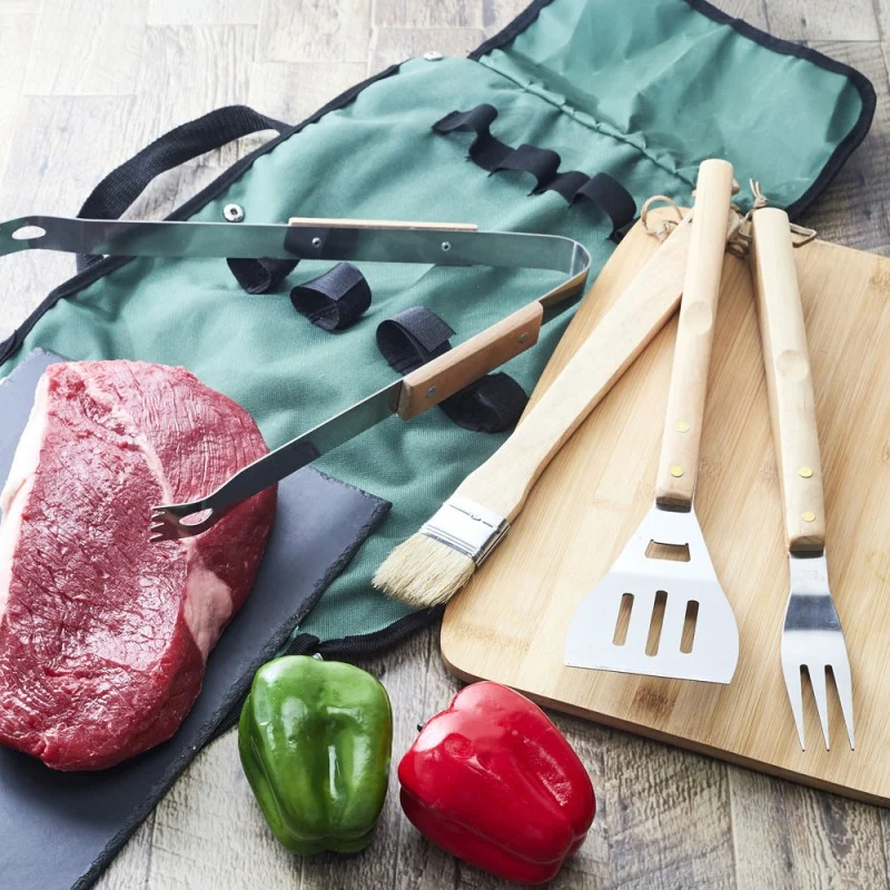 Set 4 Utensilios Barbacoa Profesional | Acero Inox y Madera Premium
