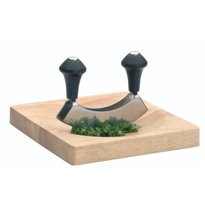 Cuchilla media luna Doble Hoja Kitchen Craft con Tabla de Madera 20 cm