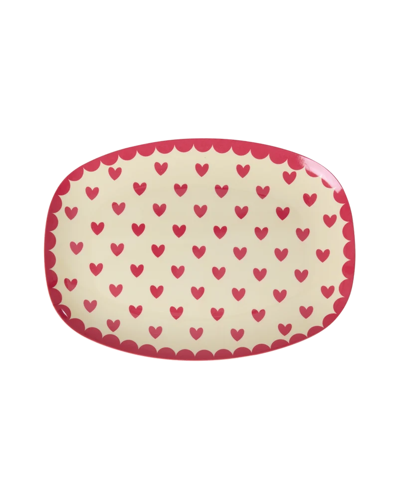 Lille Rektangulær Sidetallerken - Rød - Favorite Hearts Print