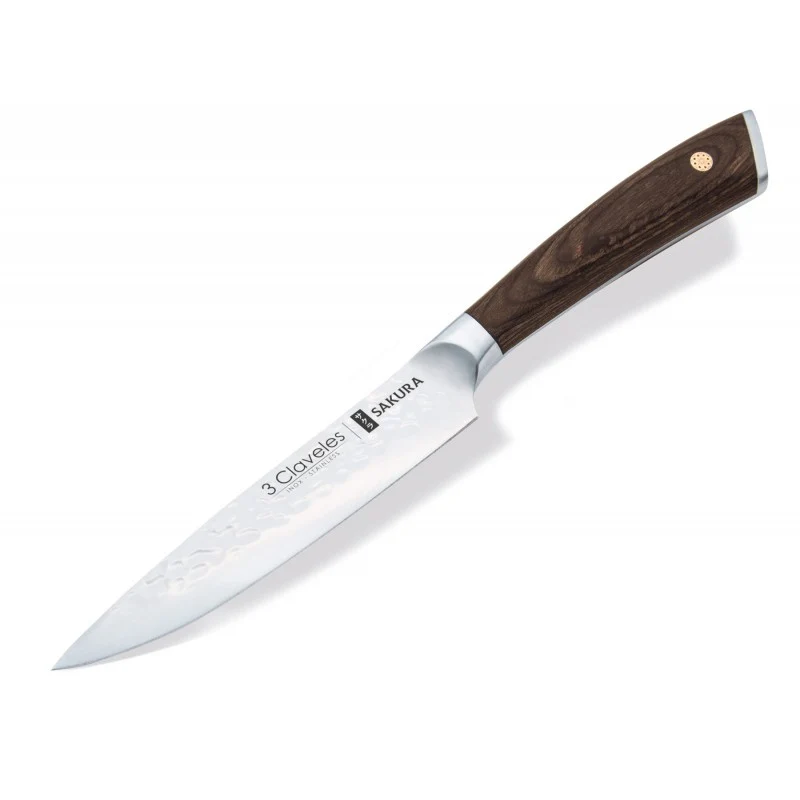 Cuchillo Utilitario 3 Claveles Sakura 12,5 cm – Hoja Martillada 3Cr13 y Mango Pakka