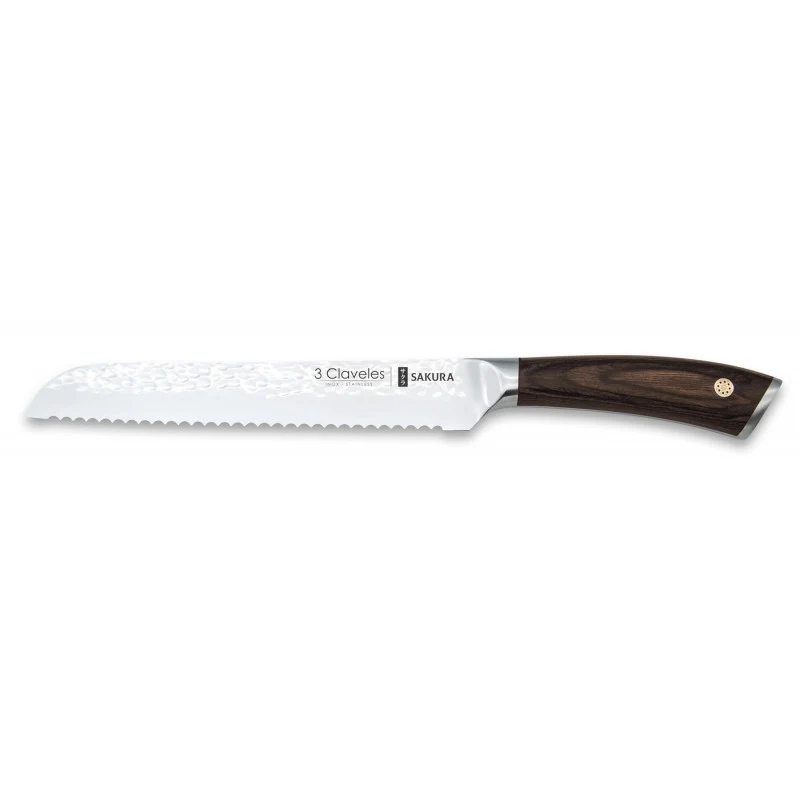 Cuchillo de Pan 3 Claveles Sakura 19 cm – Hoja Dentada Forjada Martillada y Mango Pakka