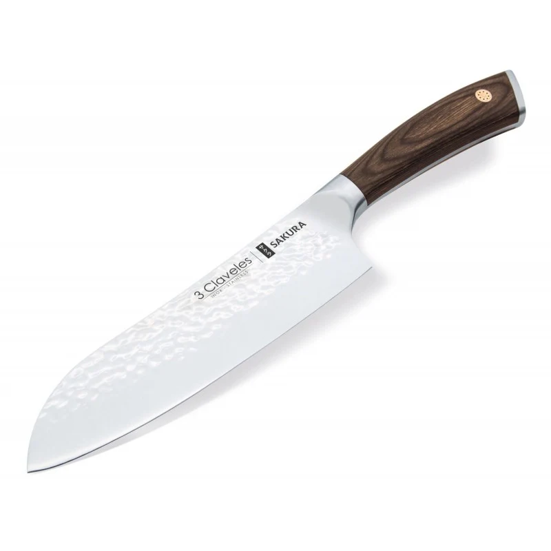 Cuchillo Santoku 3 Claveles Sakura 17,5 cm – Hoja Forjada Martillada y Mango Pakka