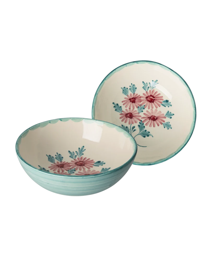 Stor Keramik Skål - Grøn - Hand-painted Flowers
