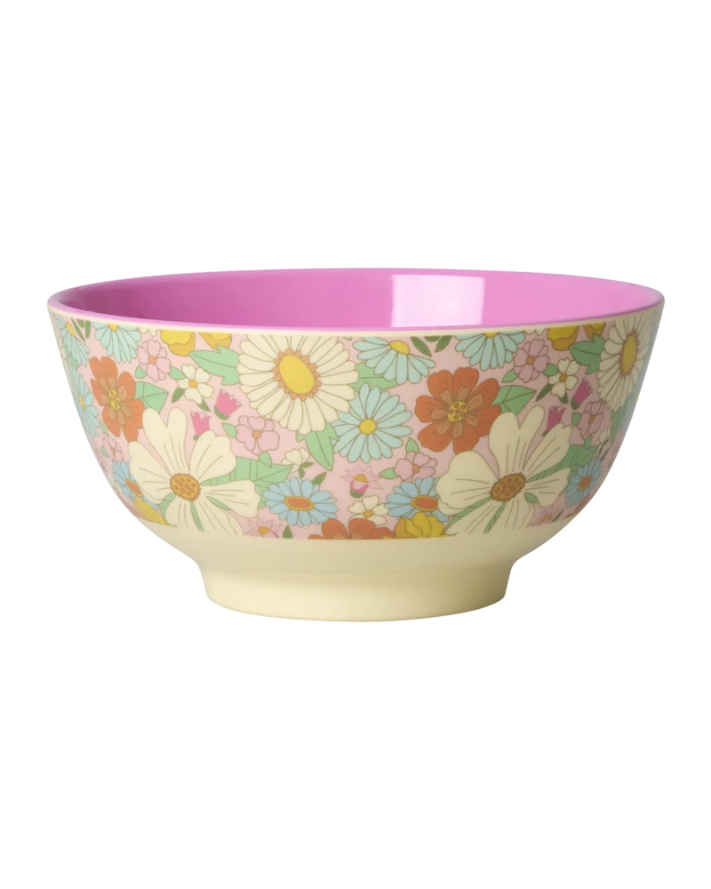 Mellem Børneskål - Lyserød - Flower Power Print