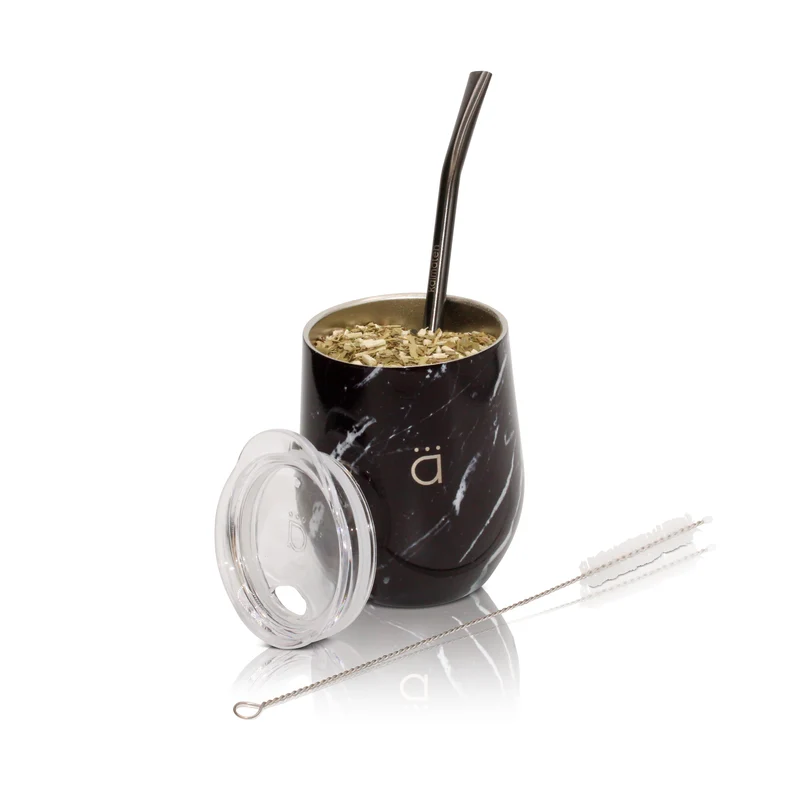 Mate clásico de mármol negro de 8 onzas con bombilla