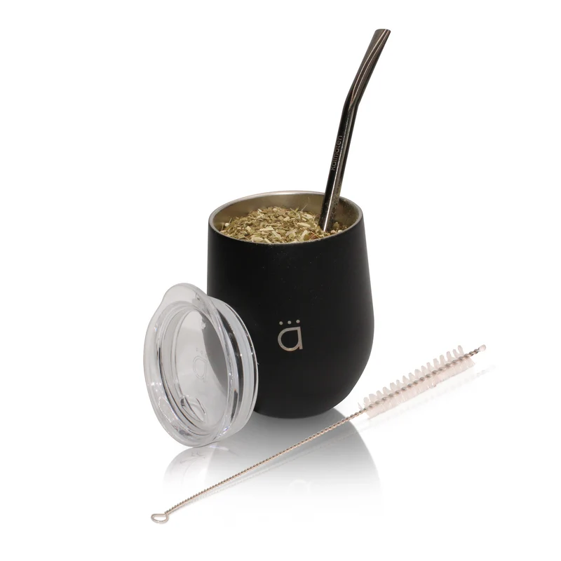 Mate clásico de calabaza negra mate de 8 onzas con bombilla