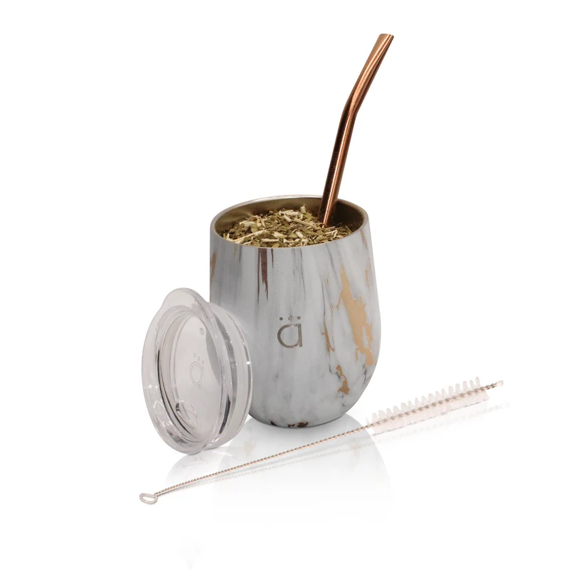Mate clásico de mármol dorado de 8 onzas con bombilla