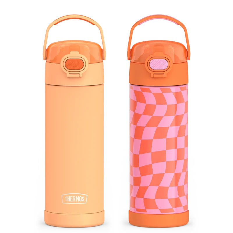 16oz FUNtainer® Water Bottles with Locking Lids Neon Orange & Wavy Checkers Orange Bundle