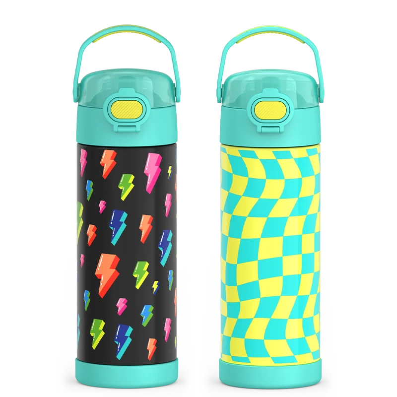 16oz FUNtainer® Water Bottles with Locking Lids Lightning Bolt & Wavy Checkers Teal Bundle