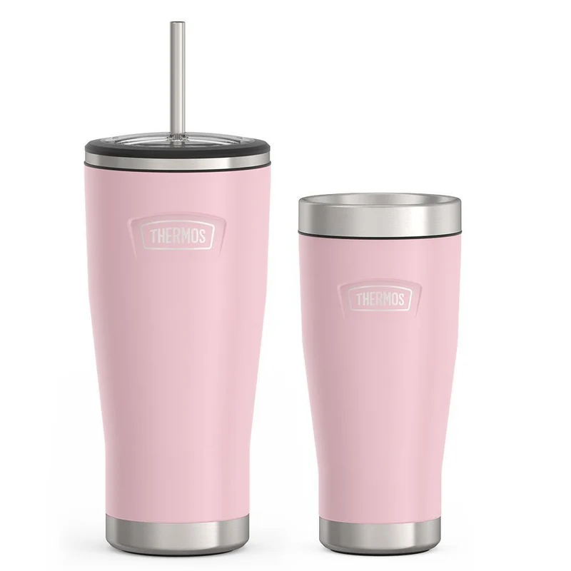 24oz Cold Tumbler with Straw & 16oz Travel Tumbler Bundle - Sunset Pink