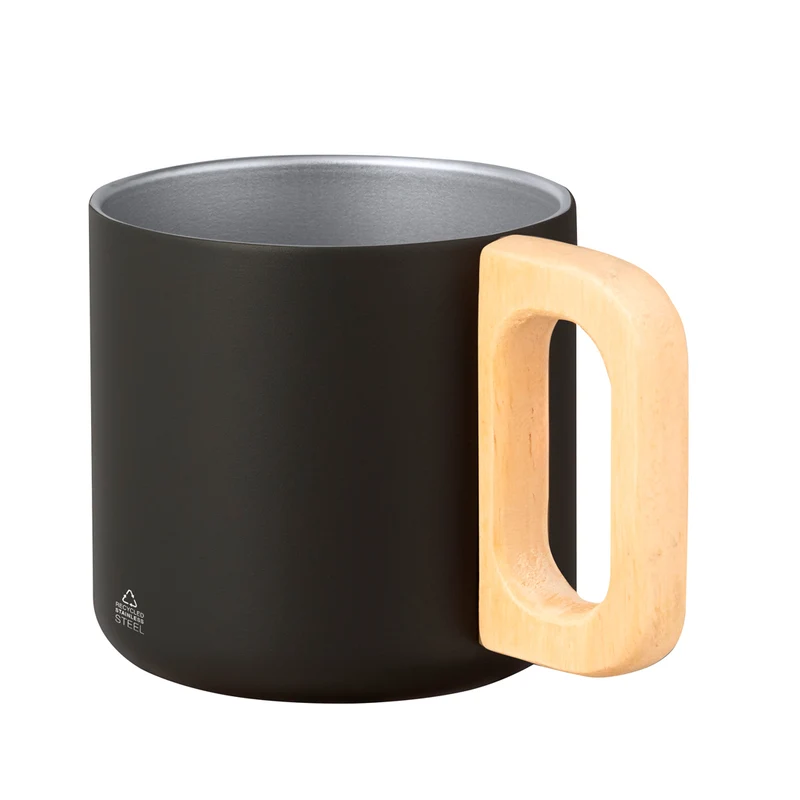 Caneca Aço Inox Reciclado Garfun 400ml - Asa Madeira Caixa Kraft