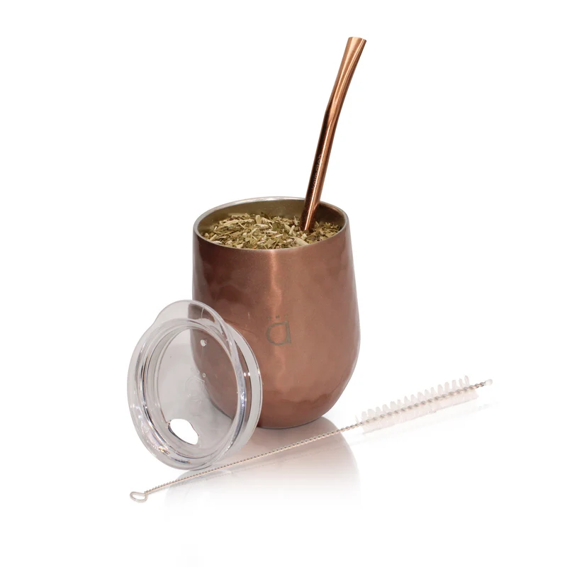 Mate clásico de calabaza para yerba mate de oro rosa de 8 onzas con bombilla