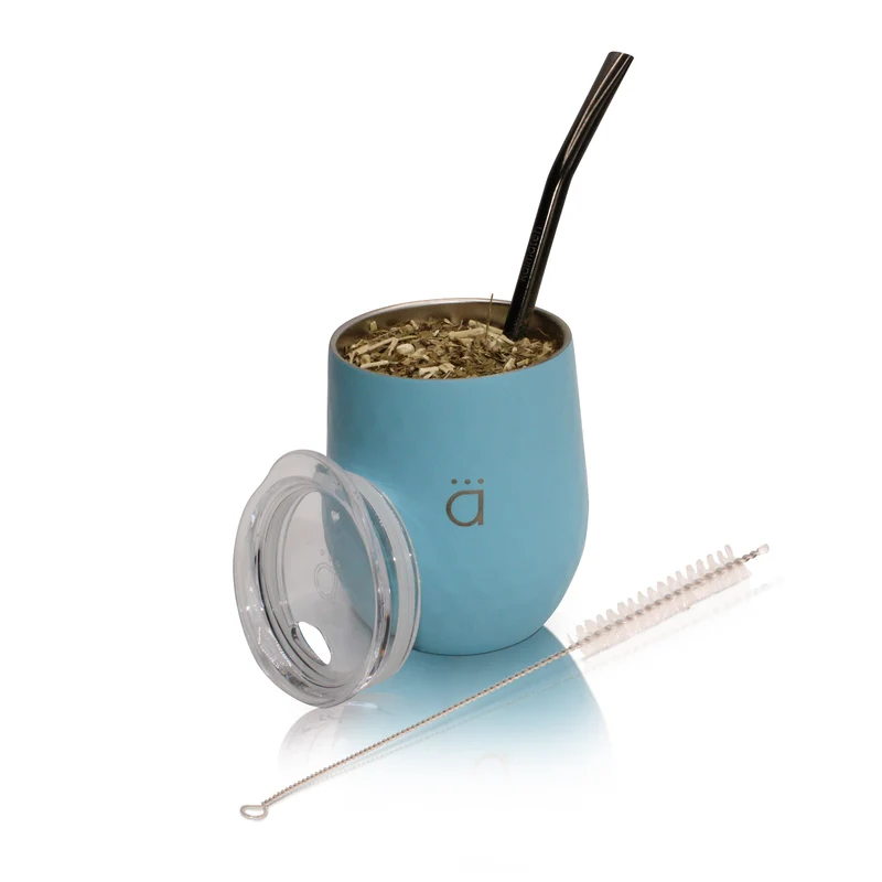 Mate clásico de calabaza para yerba mate de color azul pastel de 8 onzas con bombilla
