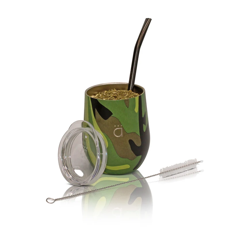 Mate clásico verde camuflaje de 8 oz con bombilla