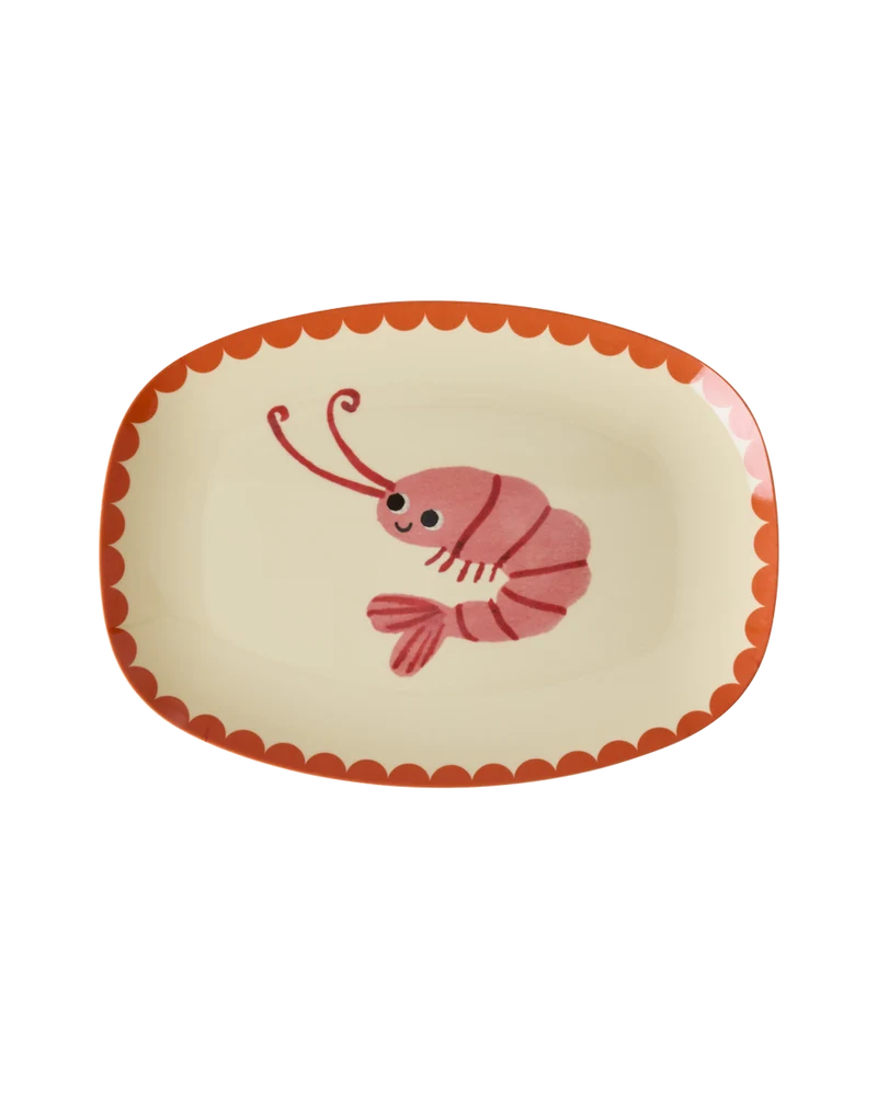 Lille Rektangulær Sidetallerken - Creme - New Shrimp Print