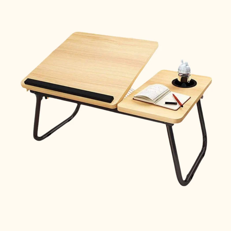 Mesa portátil inclinable con portavaso y tope.