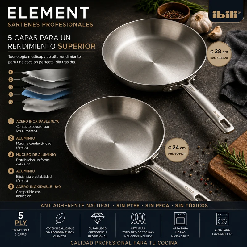 Sartén Acero Inoxidable 5PLY Element Ibili - Tecnología 5 Capas Inducción