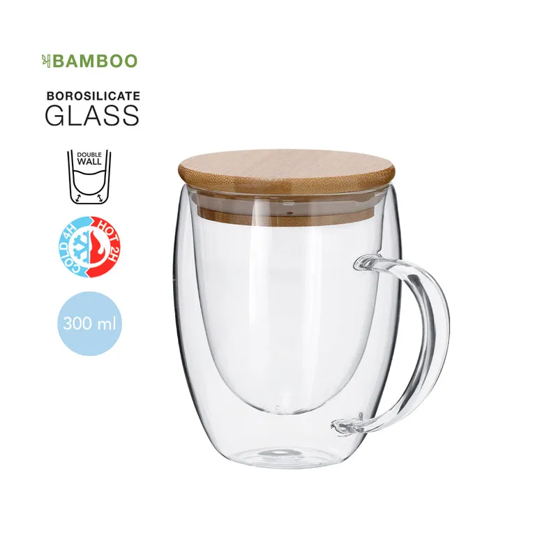 Taza Térmica Vidrio Borosilicato Doble Pared Bambú Helmar 300 ml