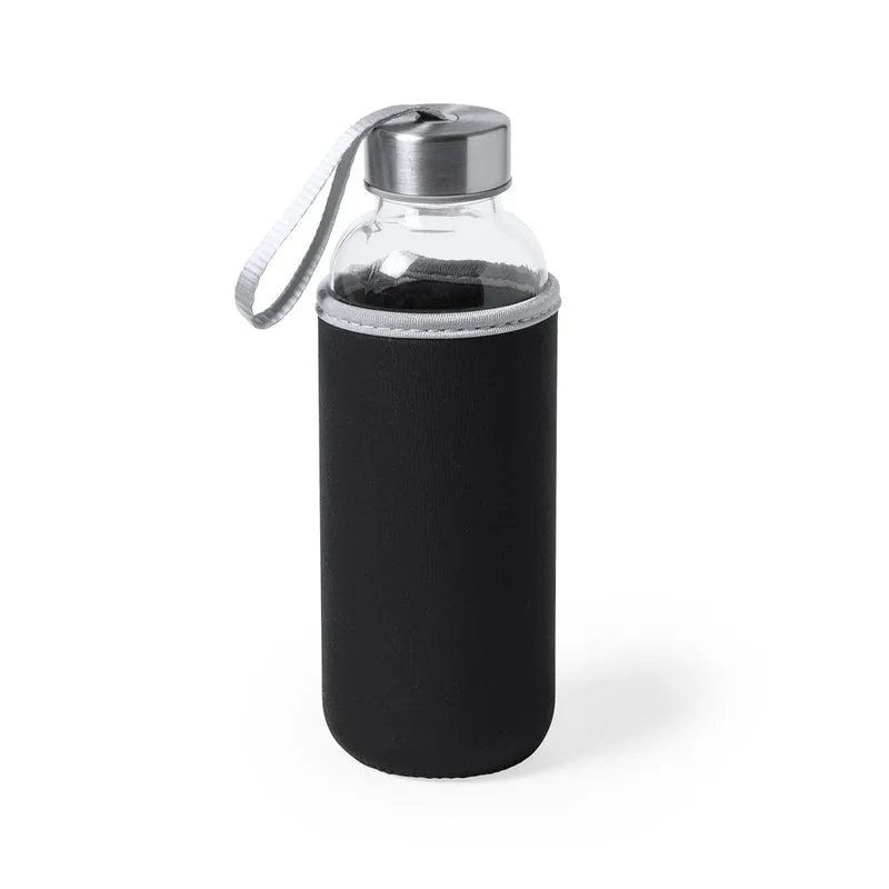 Garrafa Vidro 420ml Manga Neoprene Dokath | Tampa Rosca Aço Inox Fita Transporte Caixa Design | Brinde Premium