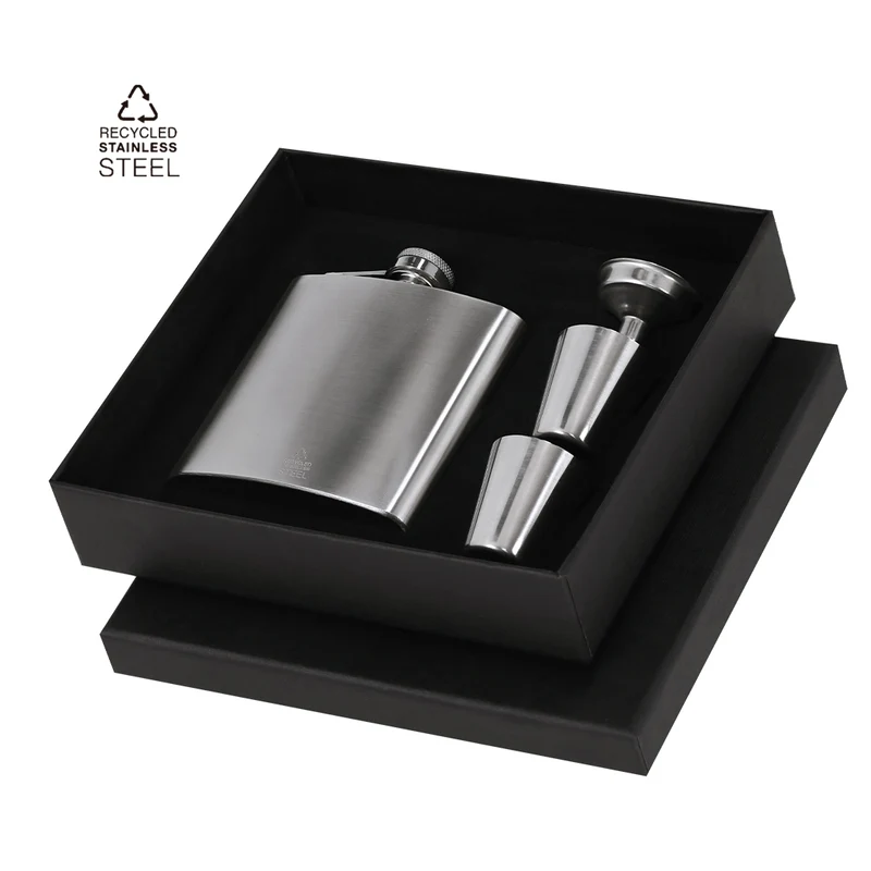 Cantil Aço Inox Reciclado 175ml Almaz | 2 Copos Medidores + Funil Caixa Preta | Brinde Premium Eco
