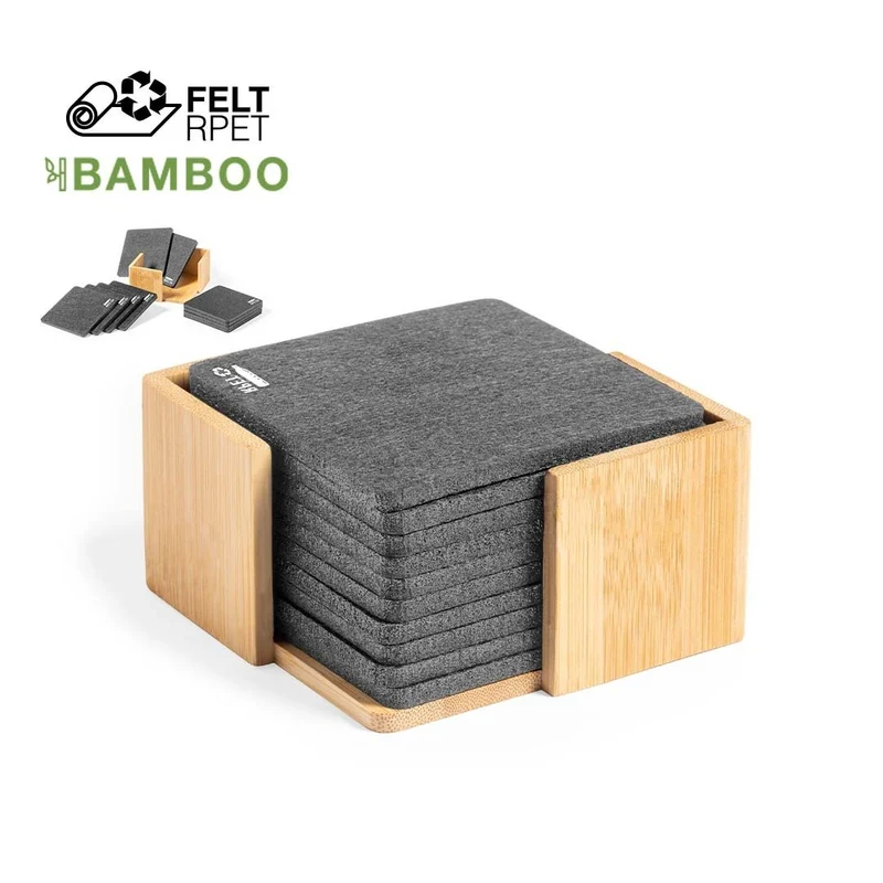 Set 10 Bases para Copos Feltro RPET + Bambu | Caixa Kraft | Brinde Eco-Premium Mesa