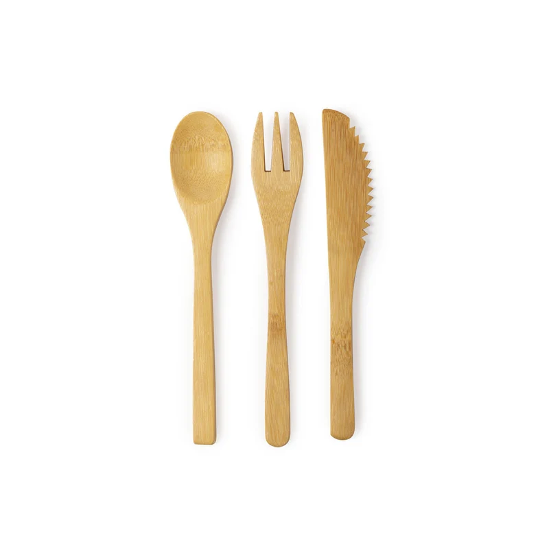 Set Ecológico 3 Cubiertos de Bambú con Funda de Algodón Plusin