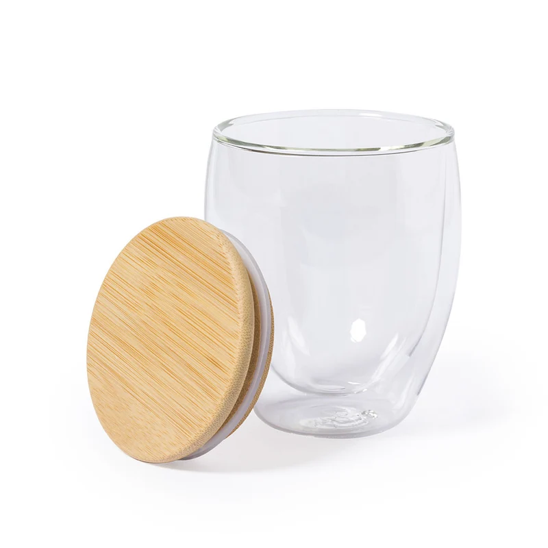 Vaso Térmico Sostenible de Cristal Doble Capa y Tapa de Bambú Nystre250 ml