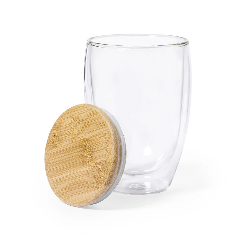 Vaso Térmico Sostenible de Cristal Doble Capa y tapa Bambú Tobby 350 ml