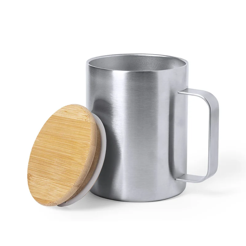Taza Térmica de Acero Inoxidable Doble Pared con Tapa de Bambú Ricaly 350 ml