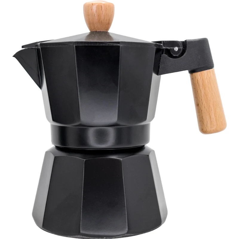 Cafetera Italiana Inducción Negra con Detalles en Madera