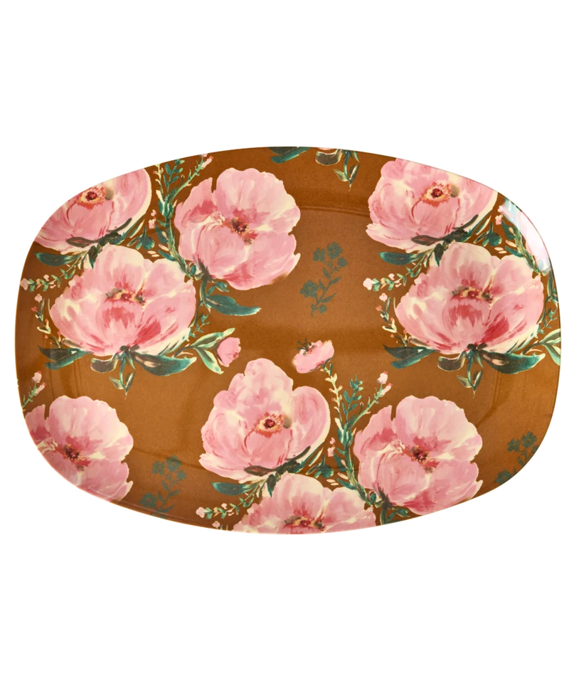 Stor Rektangulær Middagstallerken - Lys Brun - Floral Fiesta Rose