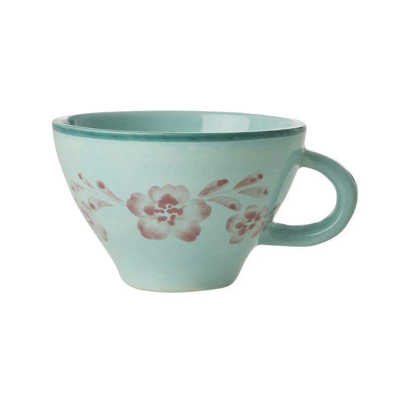 Keramik Tekop - Lys Grøn - Hand-painted Soft Pink Flower Wine