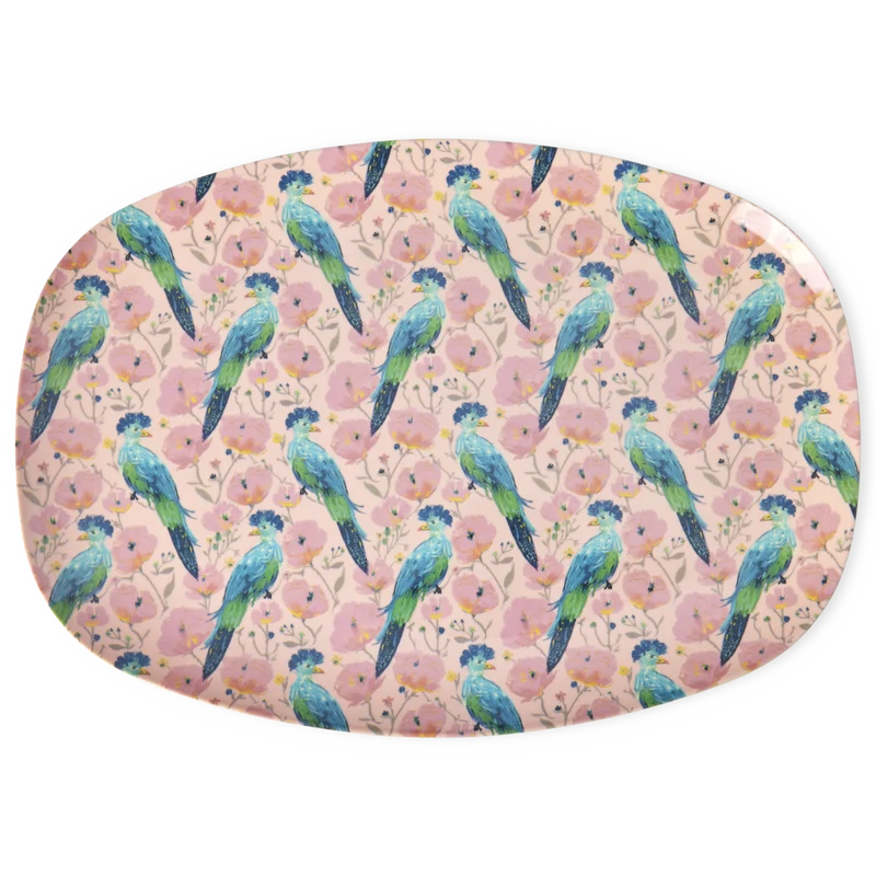 Stor Rektangulær Middagstallerken - Lyserød - Exotic Bird Print
