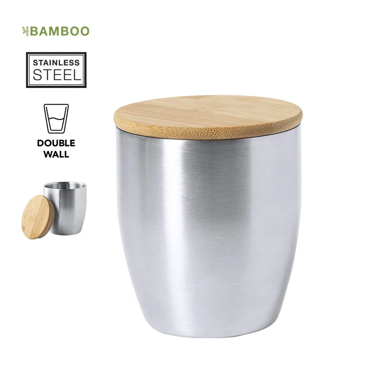 Vaso Térmico Doble Pared Acero Inox y Tapa Bambú Zasel 280 ml