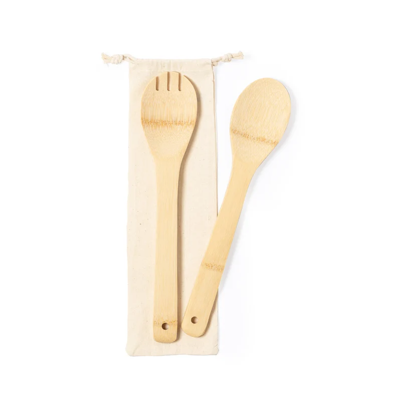 Set Ecológico 2 Cubiertos Ensalada de Bambú con Bolsa de Algodón Berter