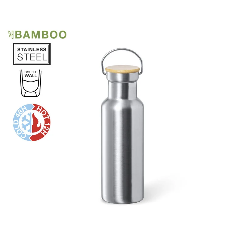 Bidón Térmico de Acero Inoxidable Mate con Tapón en Bambú Duky 500ml