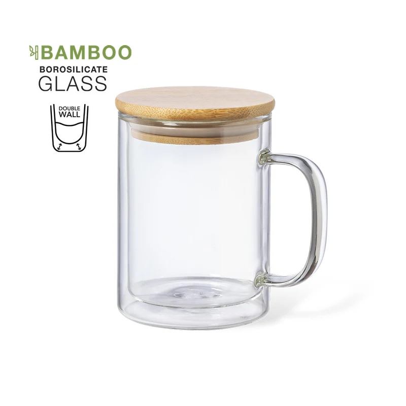 Taza Térmica de Cristal de Borosilicato Doble Pared y Tapa de Bambú Laik 370 ml