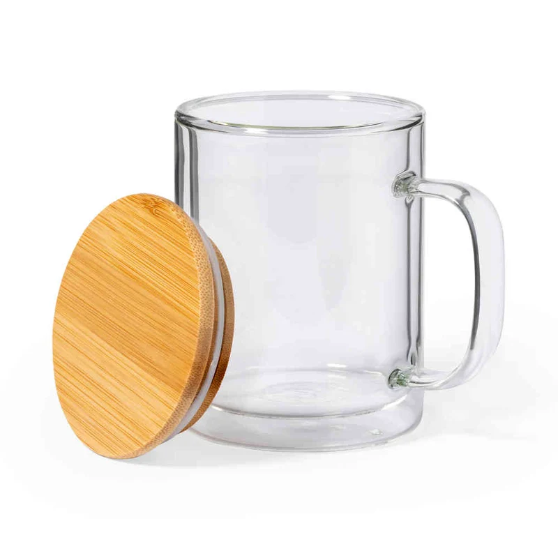 Taza Térmica de Cristal de Borosilicato Doble Pared y Tapa de Bambú Laik 370 ml