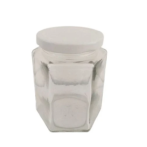 Tarro hexagonal de 256 ml con tapa de 12 blanca caja 12 pzas vpa